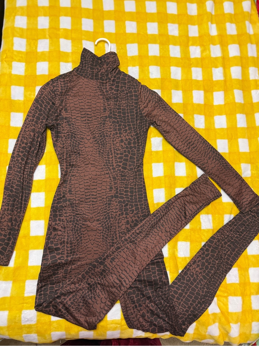 Brown Animal-Print Turtleneck Jumpsuit